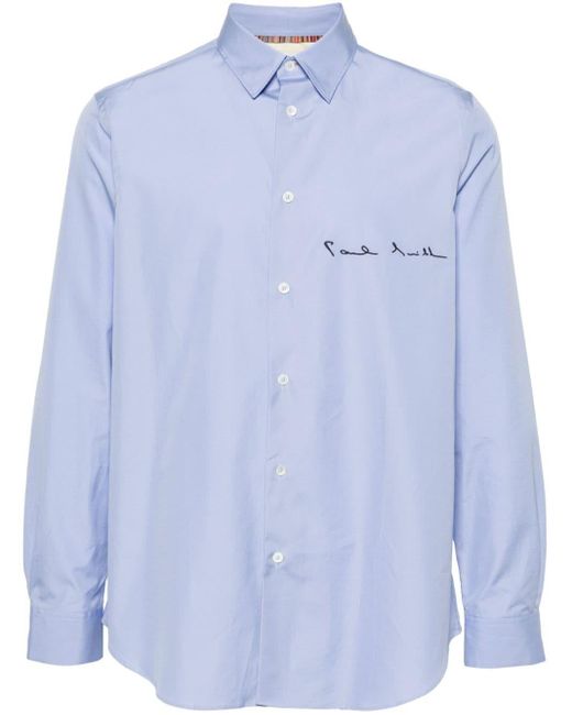 Paul Smith Blue Logo-embroidered Cotton Shirt for men