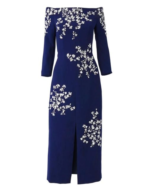 Abito Midi Con Ricamo A Fiori di Carolina Herrera in Blue