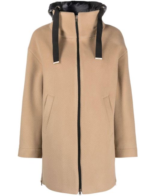 Cappotto con cappuccio imbottito e chiusura a zip in lana marrone di Herno in Natural