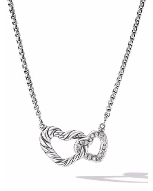 David Yurman Metallic Sterling Cable Collectibles Interlocking Heart Diamond Necklace (16.4Mm)