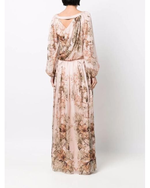 Alberta Ferretti Natural Floral-Print Pleated Dress