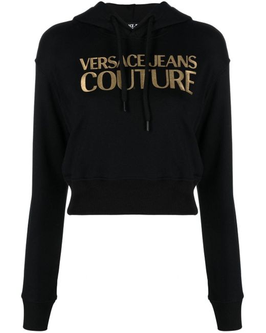Hoodie en coton à logo strassé Versace en coloris Black