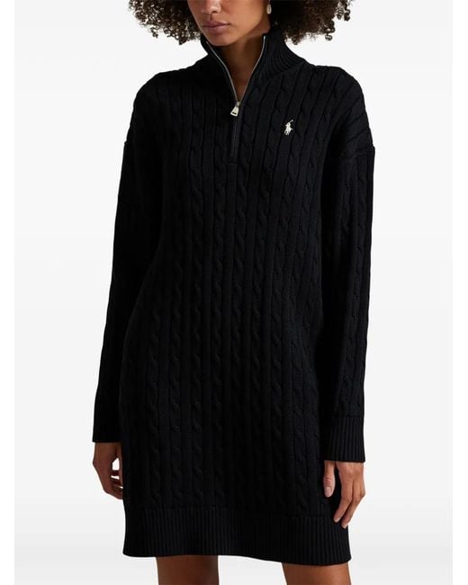 Polo Ralph Lauren Black Cable-Knit Zip-Neck Mini Dress