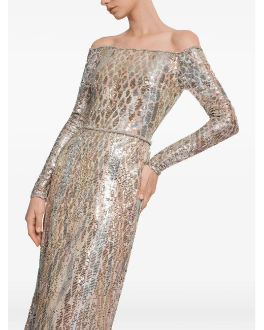 Elie Saab White Sequin-Embellished Off-Shoulder Maxi Dress