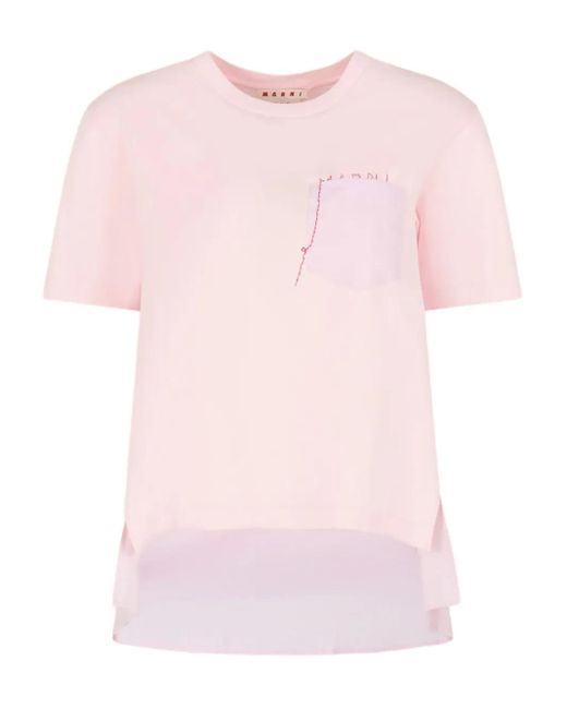 Marni Pink Cotton T-Shirt With Handstitched Logo