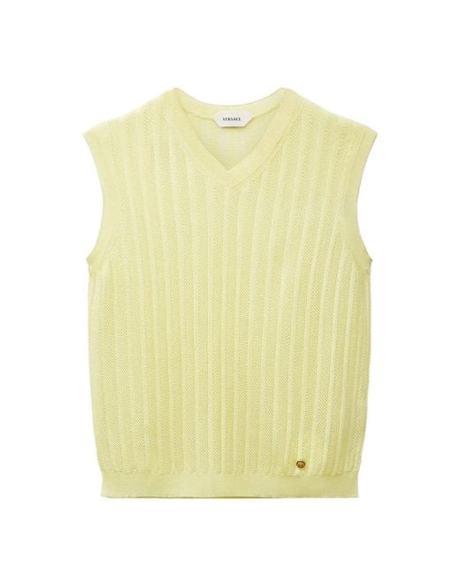 Versace Yellow Viscose Mesh Ribbed Knit Top