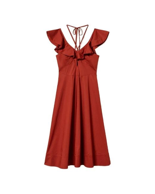 Twinset Red Poplin Midi Dress With Ruffles