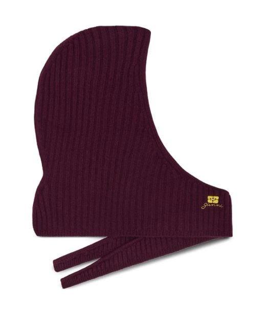 Ganni Purple Embroidered-Logo Balaclava