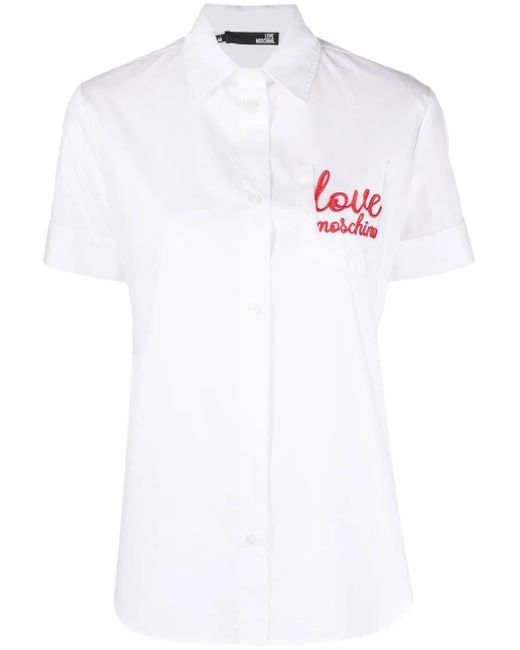 Love Moschino White Logo-Embroidered Short-Sleeve Shirt