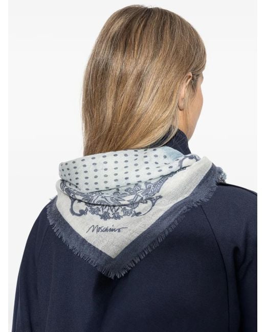 Moschino Blue Patchwork Fringed Scarf