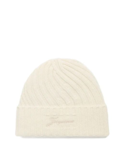 Jacquemus Natural Gerippte Strickmütze Mit Logo