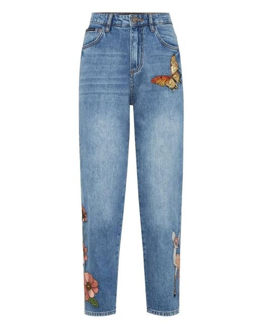 Philipp Plein Blue Butterfly-Embroidered Jeans