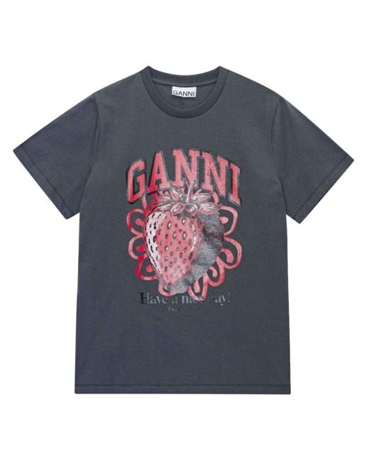 Ganni Strawberry コットンジャージーtシャツ Black
