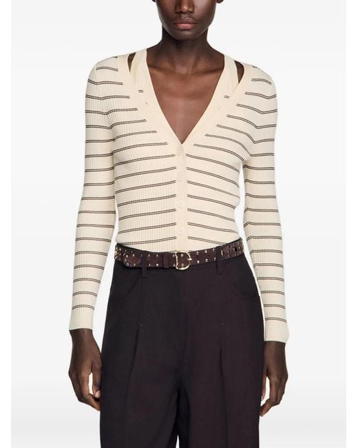Sandro White Striped V-Neck Cardigan