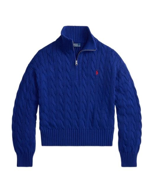 Polo Ralph Lauren Blue Cable-Knit Quarter-Zip Sweater