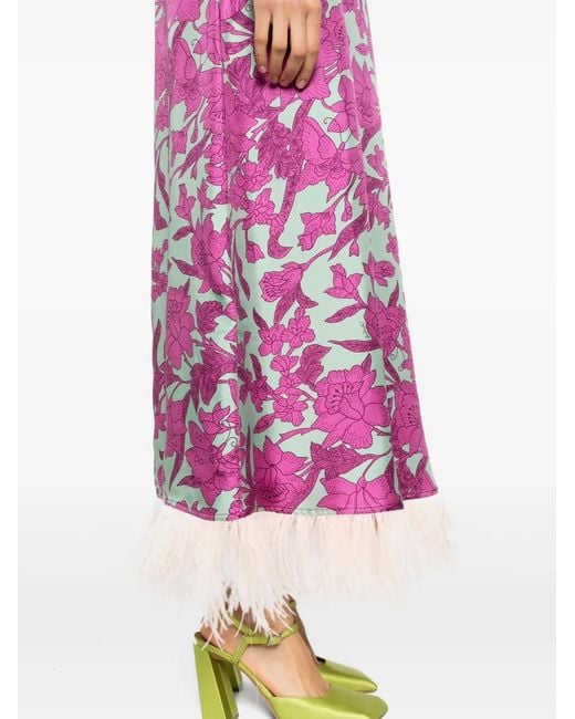 LaDoubleJ Purple Swing Feather-trimmed Floral-print Silk-twill Maxi Dress