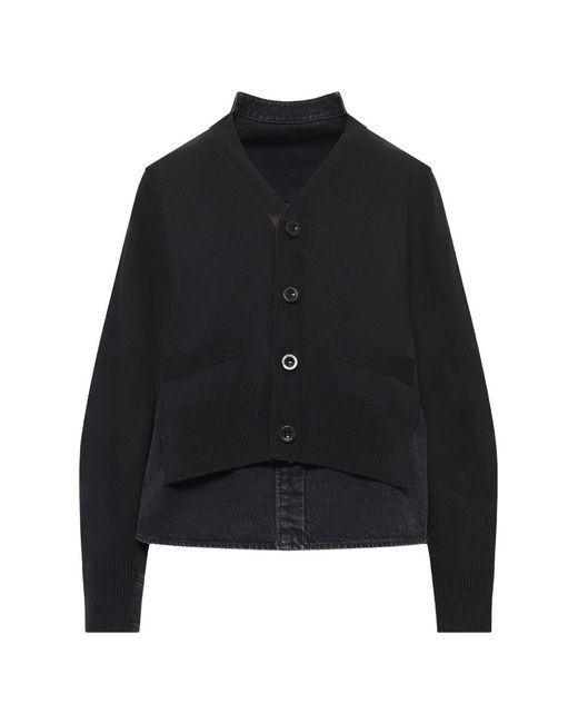Sacai Black Denim-Panelled Knit Cardigan