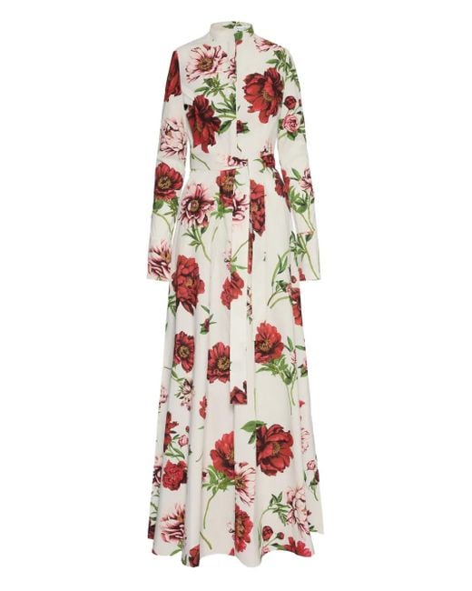 Vestido camisero largo con peonía estampada y detalle de cinturón Oscar de la Renta de color White