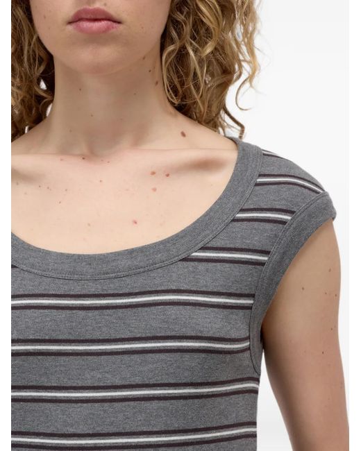 Closed Gray Striped Cap-Sleeve T-Shirt