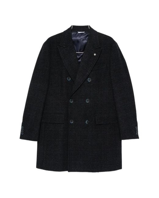 Manuel Ritz Blue Double-Breasted Check Coat for men
