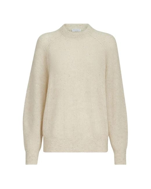 Brunello Cucinelli White Mohair, Cotton And Wool Diamond Yarn English Rib Sweater
