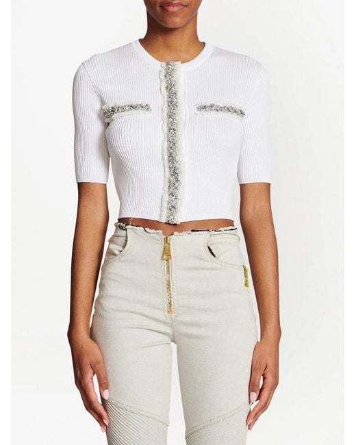 Balmain White Sequin-Embellished Cropped Top