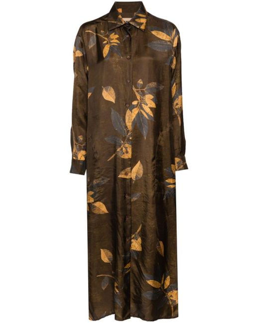 Uma Wang Brown Leaf-print Long-sleeved Dress