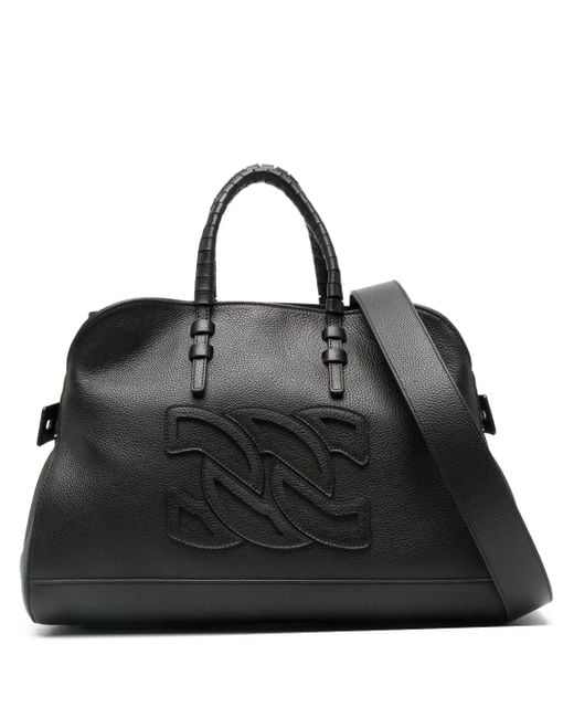 Casadei Black Embossed-Logo Leather Tote Bag