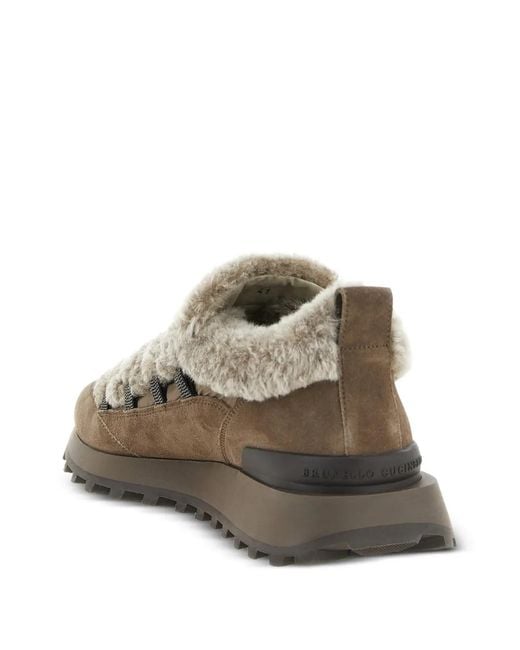 Brunello Cucinelli Brown Monile Shearling-Insert Sneakers