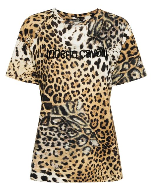 Roberto Cavalli Brown Leopard-Print Cotton T-Shirt