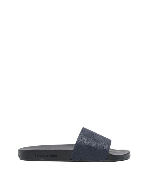 Stefano Ricci Blue Eagle-Embossed Leather Slides for men