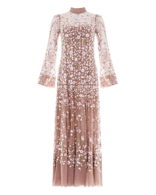 Needle & Thread Pink Sylvia Rose Long-Sleeves Midi Dress