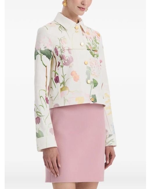 Oscar de la Renta White Botanical-Print Denim Jacket