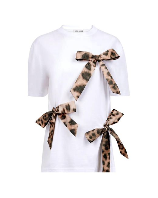 Nina Ricci White Leopard-Print Bow-Detail T-Shirt