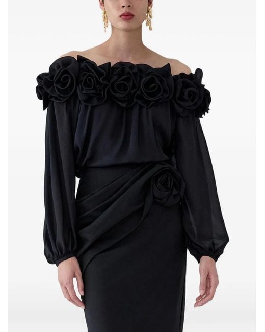 Carolina Herrera Black Rosette-Detail Off-Shoulder Top