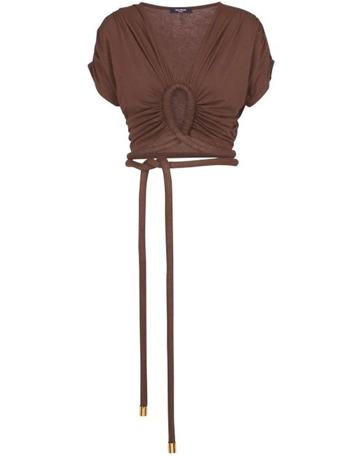 Top corto con detalle de nudo Balmain de color Brown