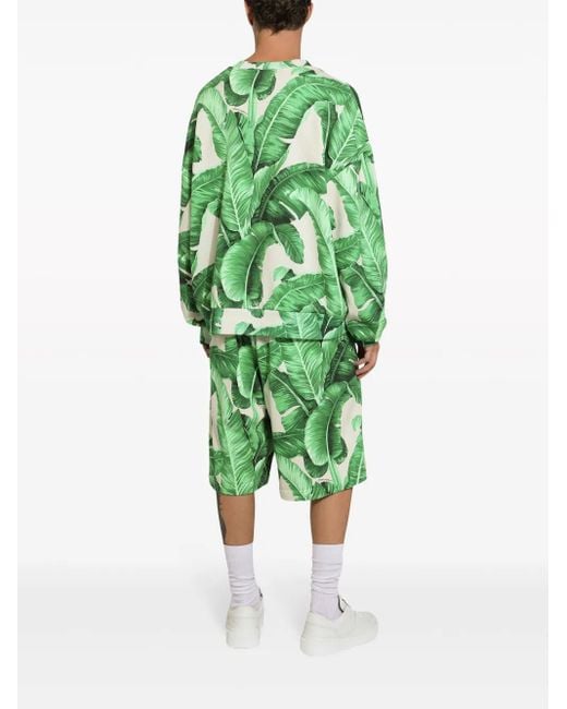 Dolce & Gabbana Green Leaf-Print Cotton Track Shorts for men