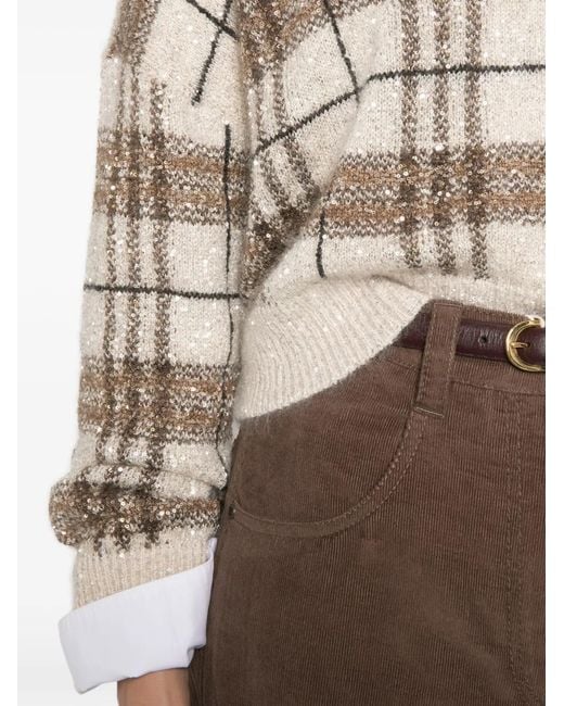 Brunello Cucinelli White Sequin-Embellished Checked Sweater