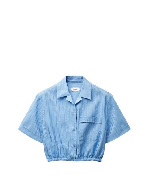 Versace Blue Jacquard Cotton-Silk Crop Shirt