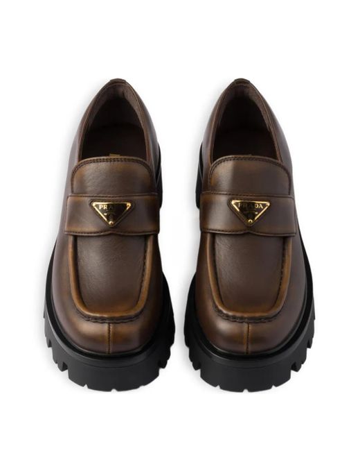 Prada Brown Triangle-Logo Platform Leather Loafers