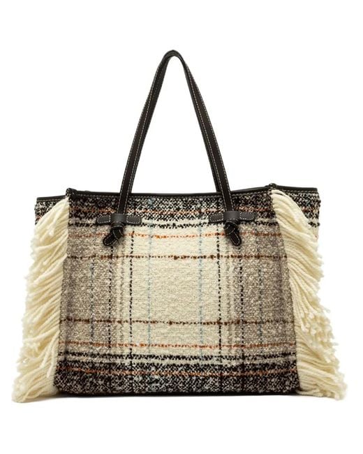 Gianni Chiarini Natural Plaid Fringed Tote Bag