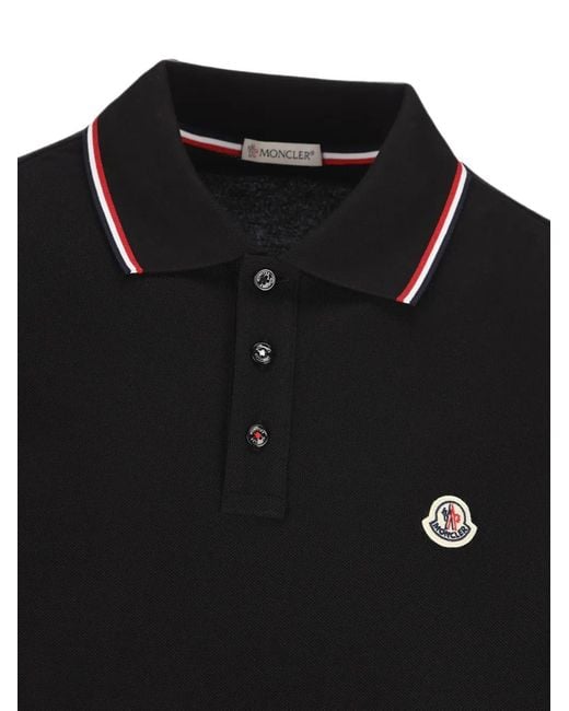 Moncler Black Logo-Patch Tricolour-Trim Polo Shirt for men