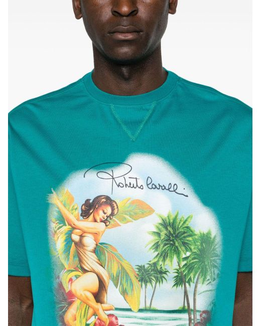 Roberto Cavalli Blue Hawaii-print Cotton T-shirt for men