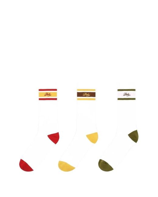 Drole de Monsieur White Funny Striped Embroidered Socks (Set Of Three) for men