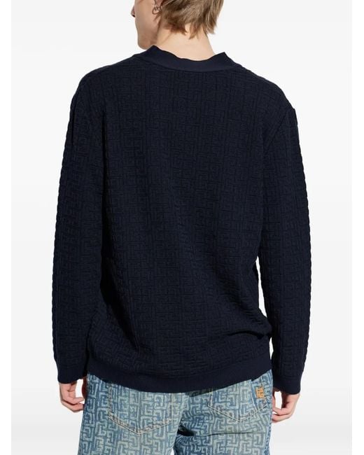 Balmain Blue Jacquard V-Neck Cardigan for men