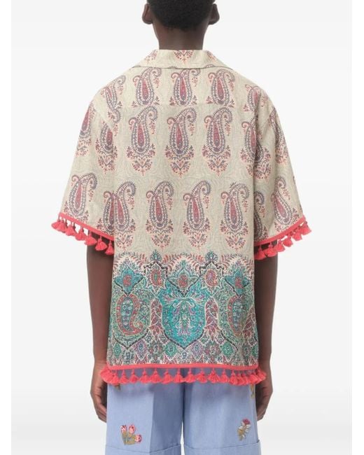 Valentino Garavani Gray Lightweight Linen Bowling Shirt With Voyage Imaginaire Print for men