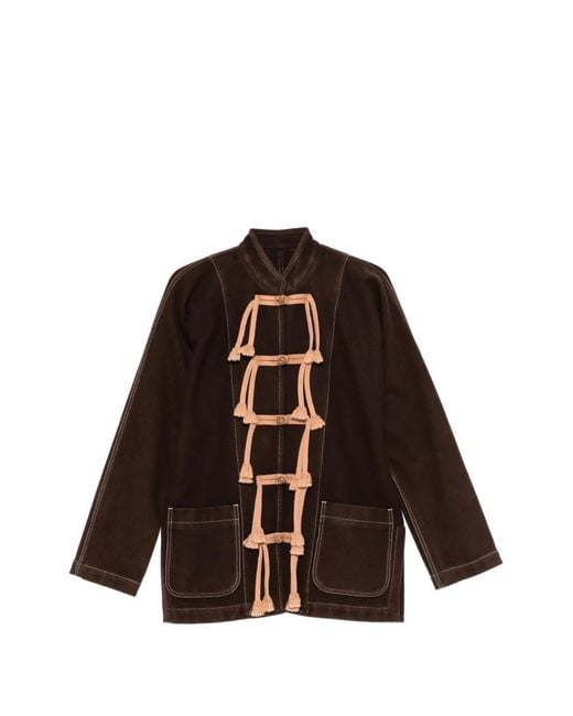 Uma Wang Brown Rope-Trim Contrast-Stitched Coat