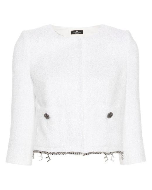 Elisabetta Franchi White Tweed-Jacke mit Logo-Anhänger