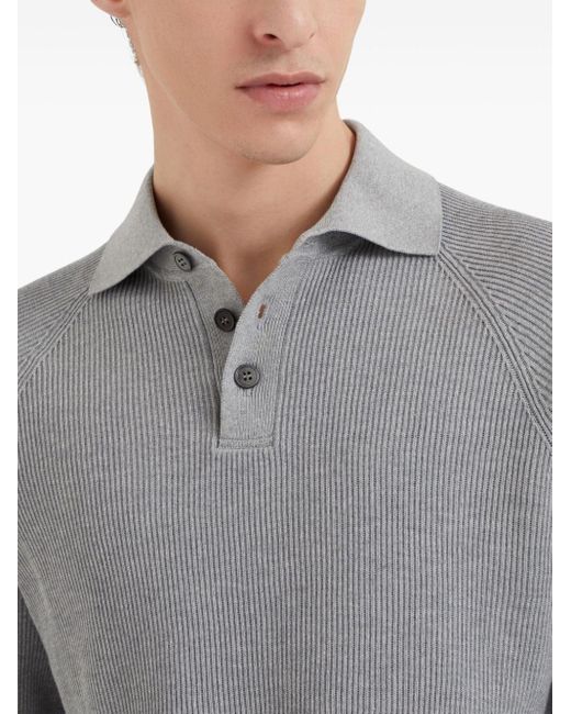 Brunello Cucinelli Gray Long-sleeve Ribbed-cotton Polo Shirt for men