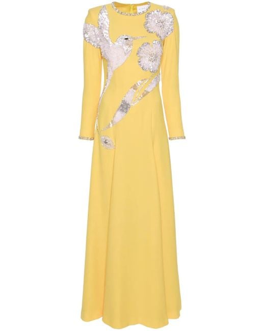 Dina Melwani Yellow Crystal-Embellished Maxi Dress